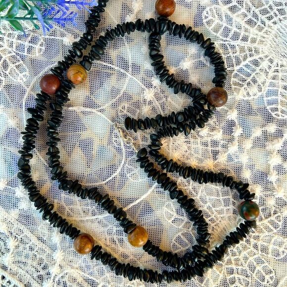 Vintage Natural Raw Black Onyx Chalcedony & Red Creek Jasper Necklace 39” - Picture 11 of 12